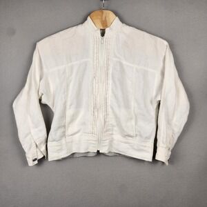 gene ewing BIS Jacket Womens Small White Linen Zip Bomber Smocked Hem Made USA